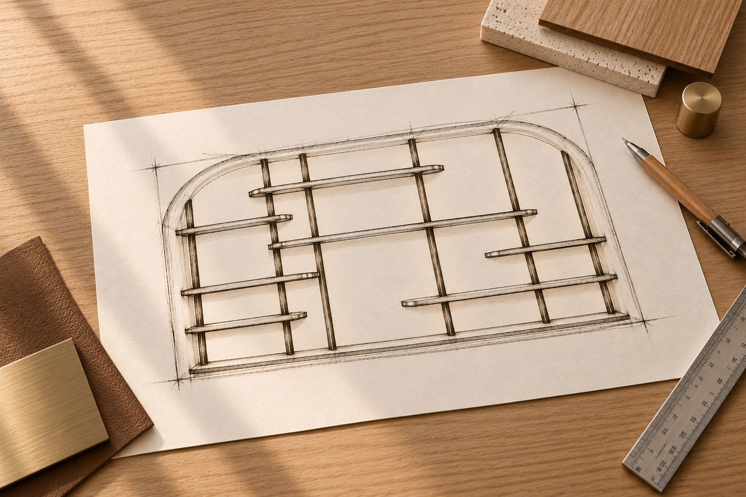Esquisse au crayon d'une étagère sur mesure, avec des échantillons de bois et une règle