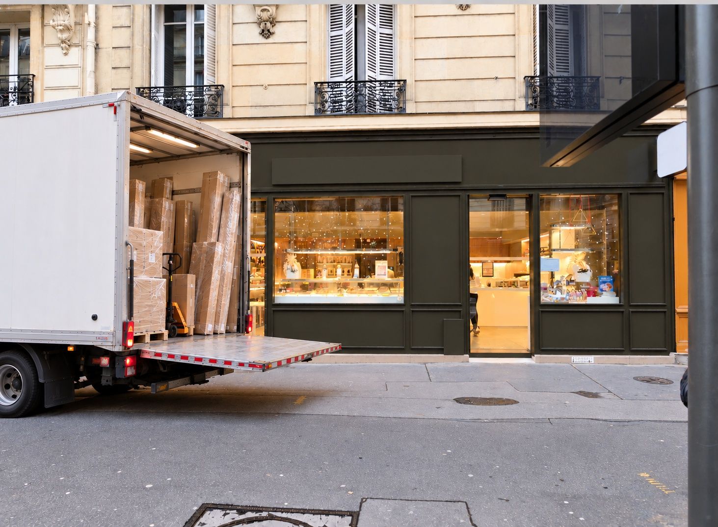 Camion de livraison ouvert devant une boutique