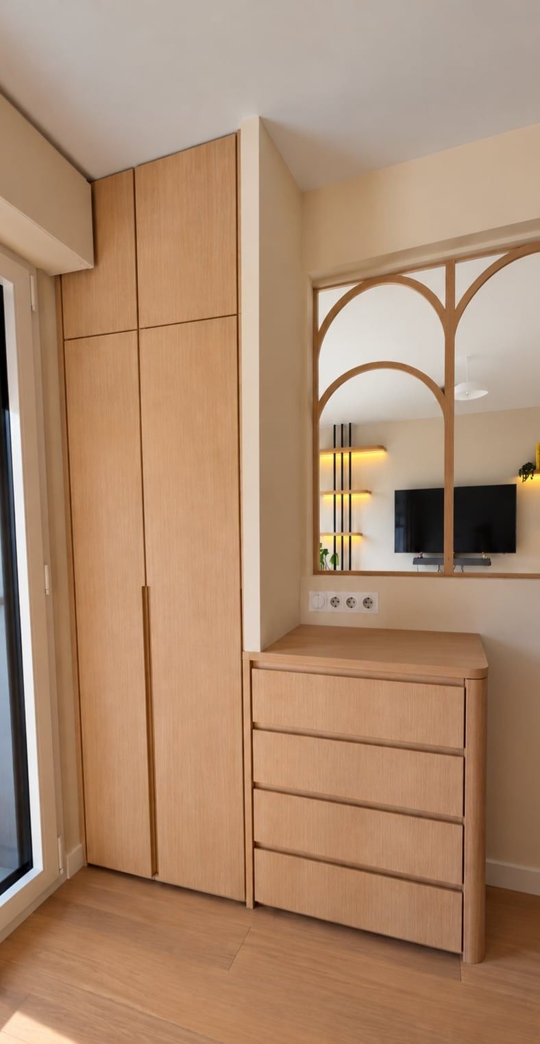 Armoire haute et commode à tiroirs en chêne, à côté d'une ouverture en arches donnant sur le salon