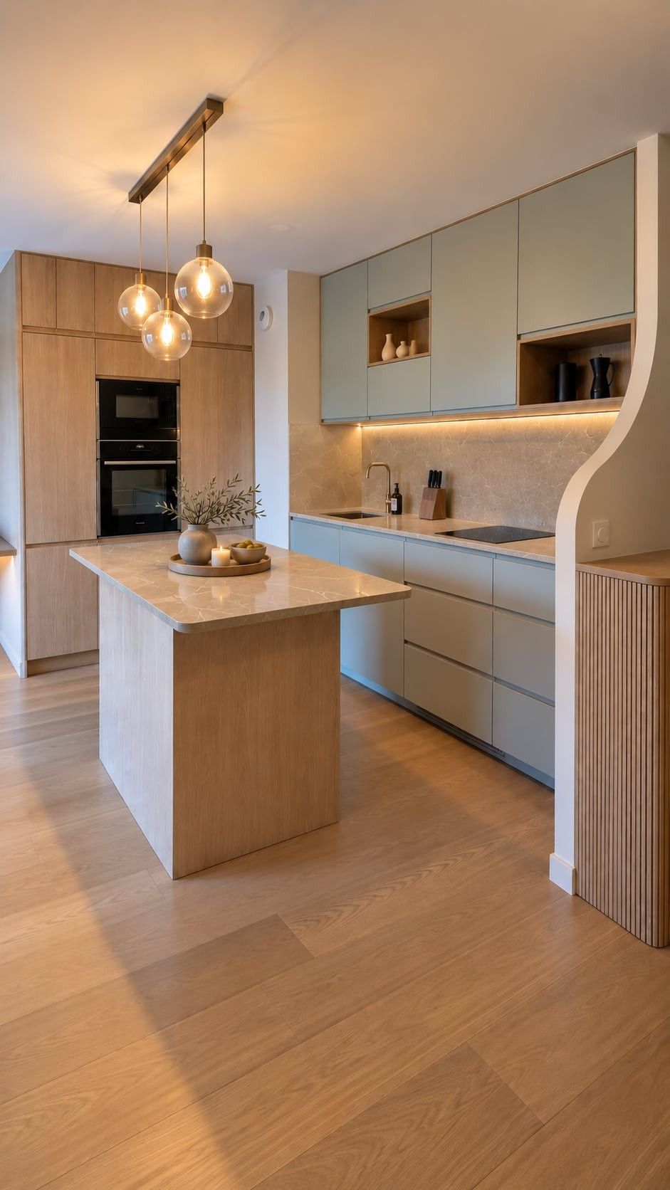 Cuisine aux façades laquées vert sauge, niches ouvertes en chêne et éclairage sous les meubles hauts, avec îlot