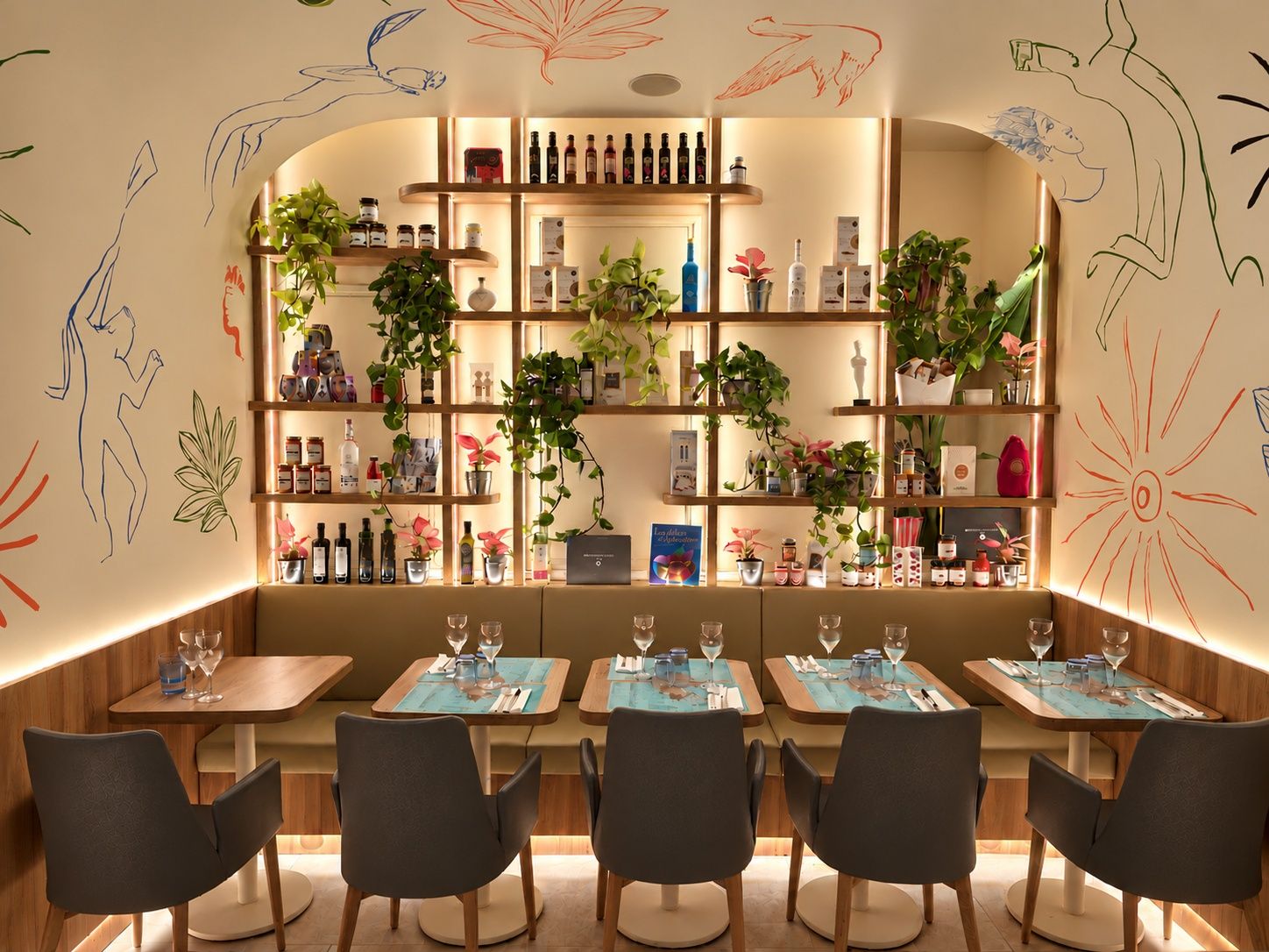 Banquette et étagères rétroéclairées dans la salle du restaurant Mavrommatis