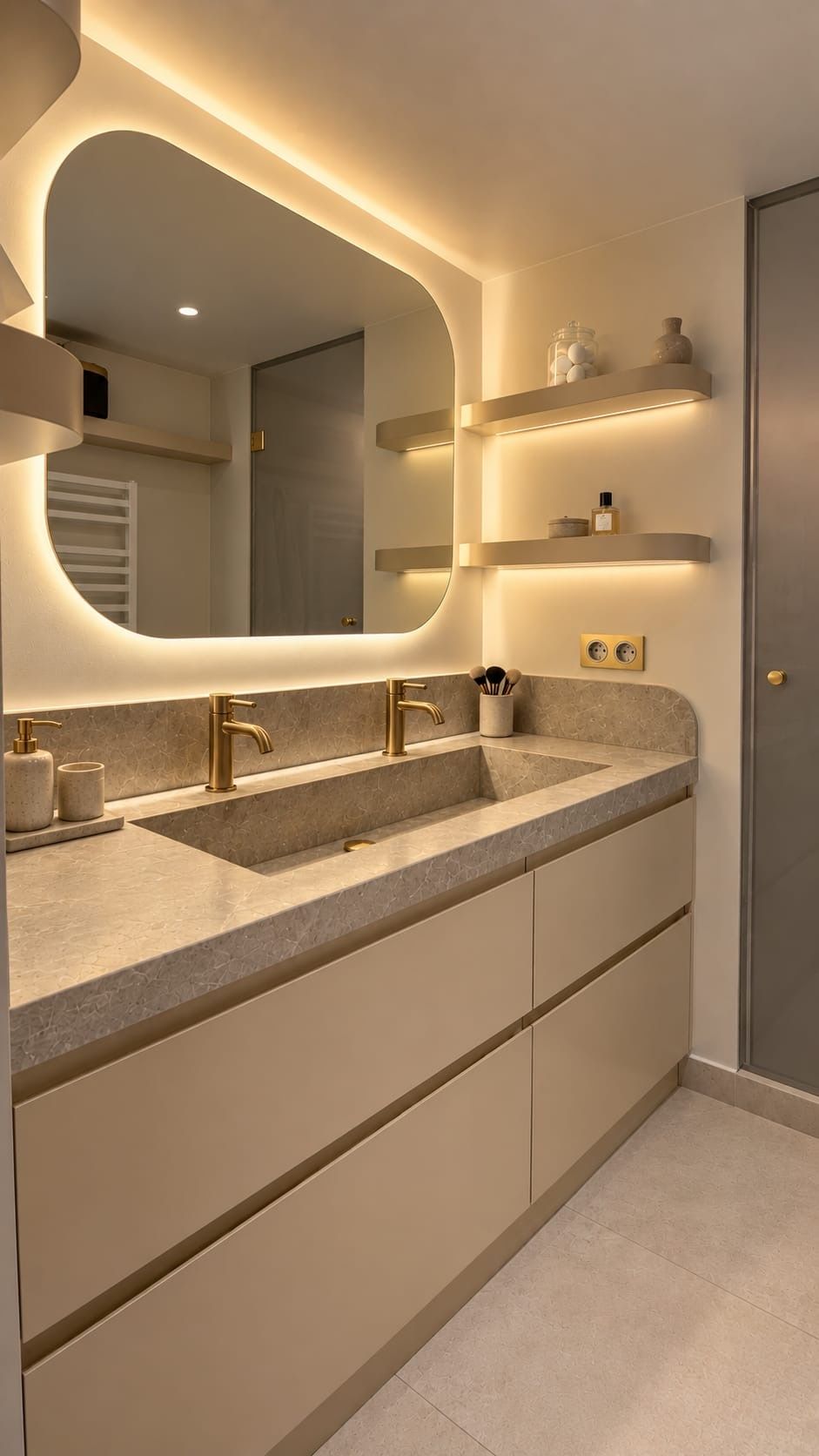 Meuble de salle de bains avec vasque en pierre, miroir rétroéclairé et étagères lumineuses
